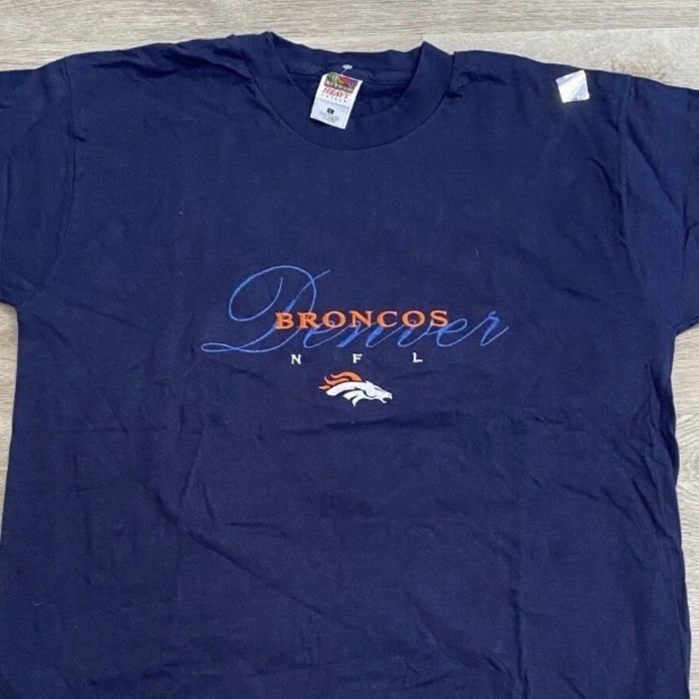 Vintage 90s Denver Broncos Shirt Script Logo NFL Fruit of the Loom USA Made Sz L